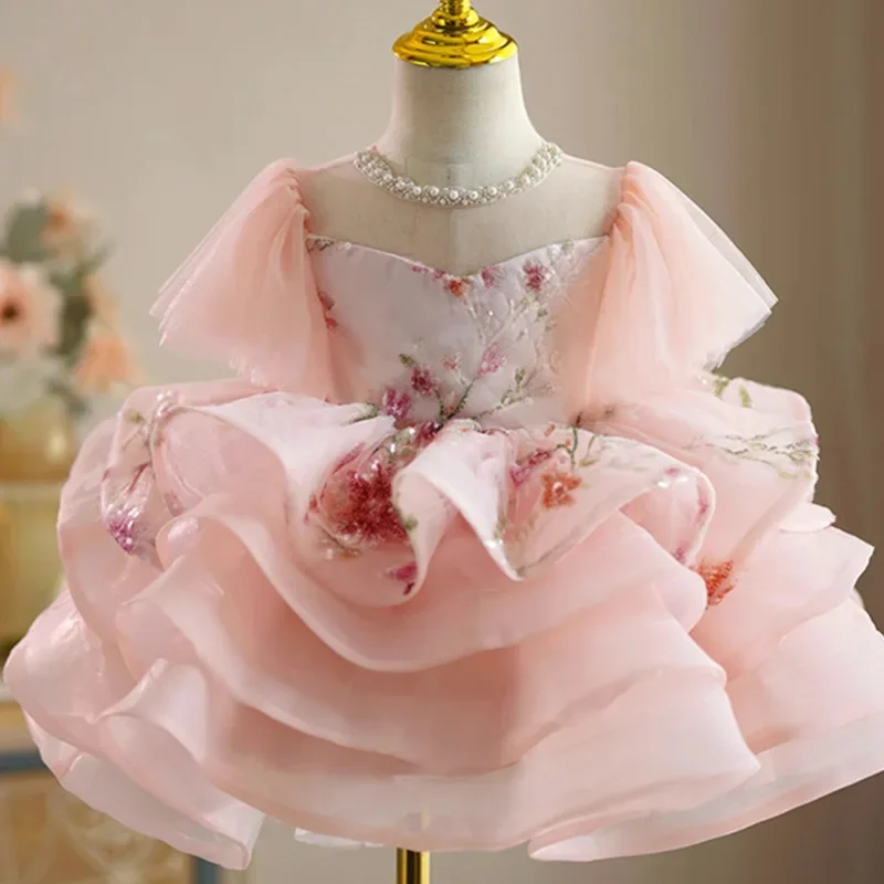 

Pink Lush Girl Party Floral Dress Layers Puffy Kids Princess Ball Gown Luxurious Birthday Children First Communion Dresses