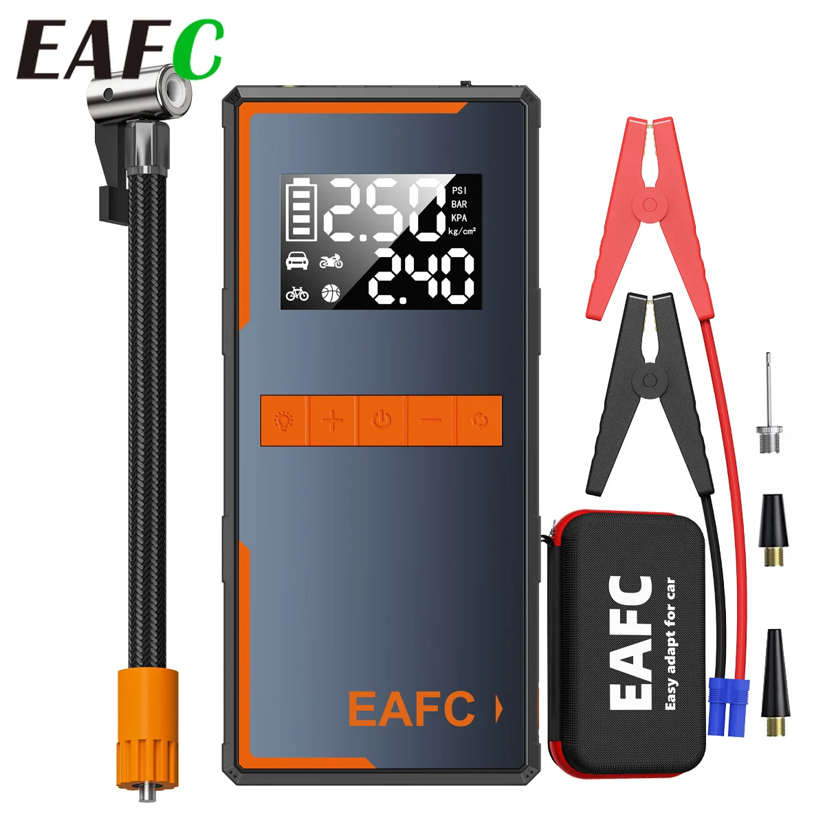 Avviatore di Emergenza per Auto EAFC 4-in-1 1000A-2000A, Corrente di Picco, Pompa d'Aria 150PSI, Gonfiatore per Pneumatici, Power Bank, Booster, Strumento Multifunzione