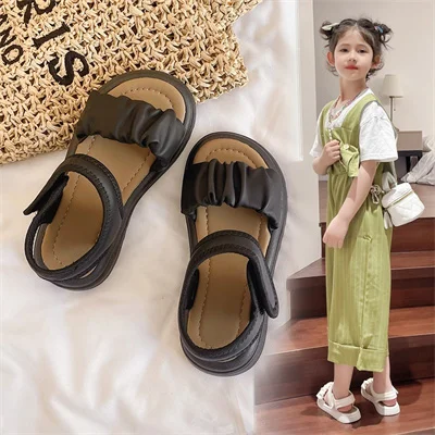 Girls\' Minimalist Open Toe Fashion Sandals in Black/beige, 2024 Summer New PU Outdoor Girls\' Sandals, Sizes 26-37