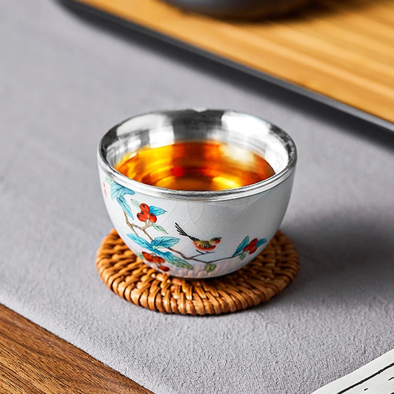 Sterling silver 999 handmade silver cup porcelain bag silver sample Tea Cup household Chinese-style hospitality host Kung Fu tea