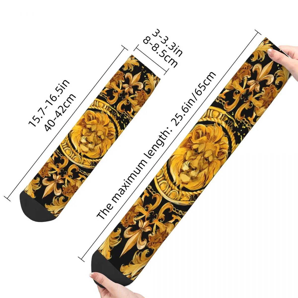 Retro Luxury Design Men's Socks Golden Lion And Damask Unisex Hip Hop Seamless Printed Happy Crew Sock Gift