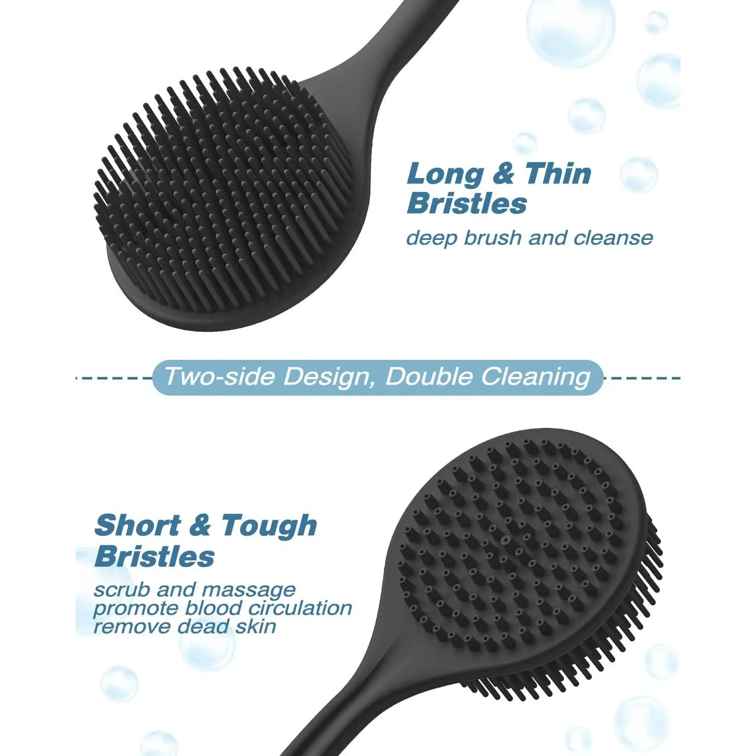 Soft Silicone Bath Brush Double-Sided Shower Scrubbing Brush with Long Handle Exfoliating Body Scrub Back Massager Bathroom Tool