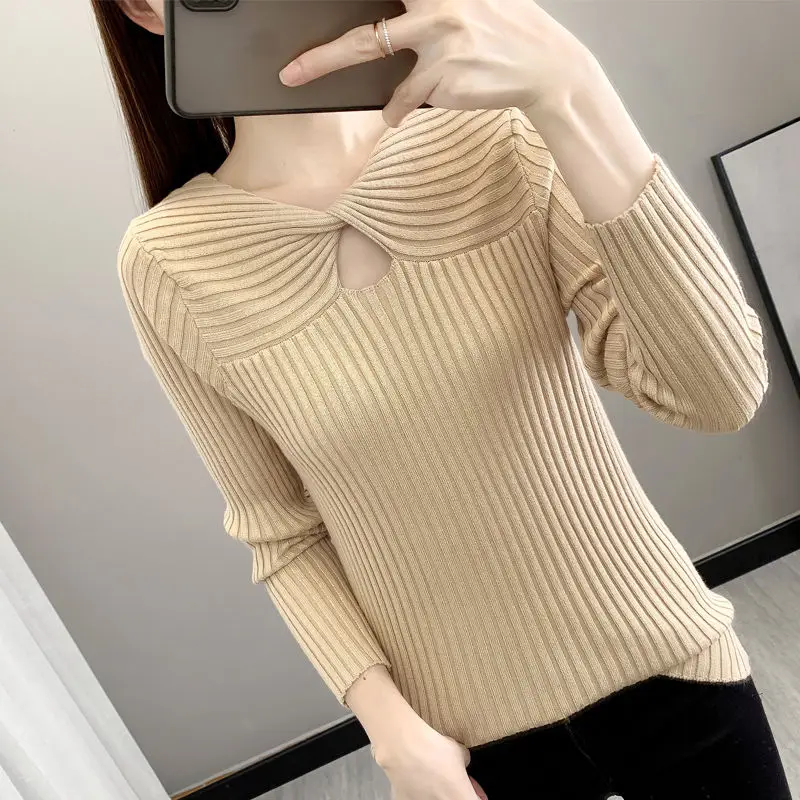 Autumn Winter Solid Color Sweater Knitted Casual Women\'s Clothing Screw Thread Pullover Hollow Out V-Neck Fashionable Tops