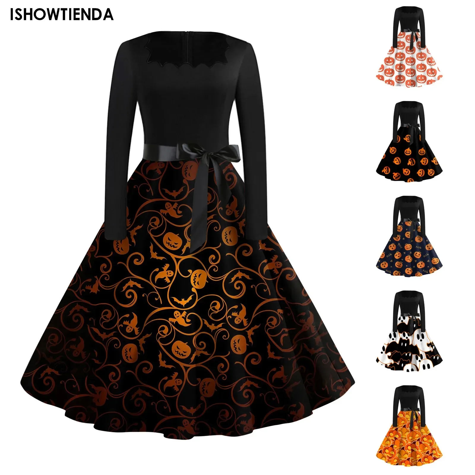 New Vintage Halloween Dress Women's 2024 Fashion Print Long Sleeve Dress Cutout Party Casual Neck Dress Spring And Autumn