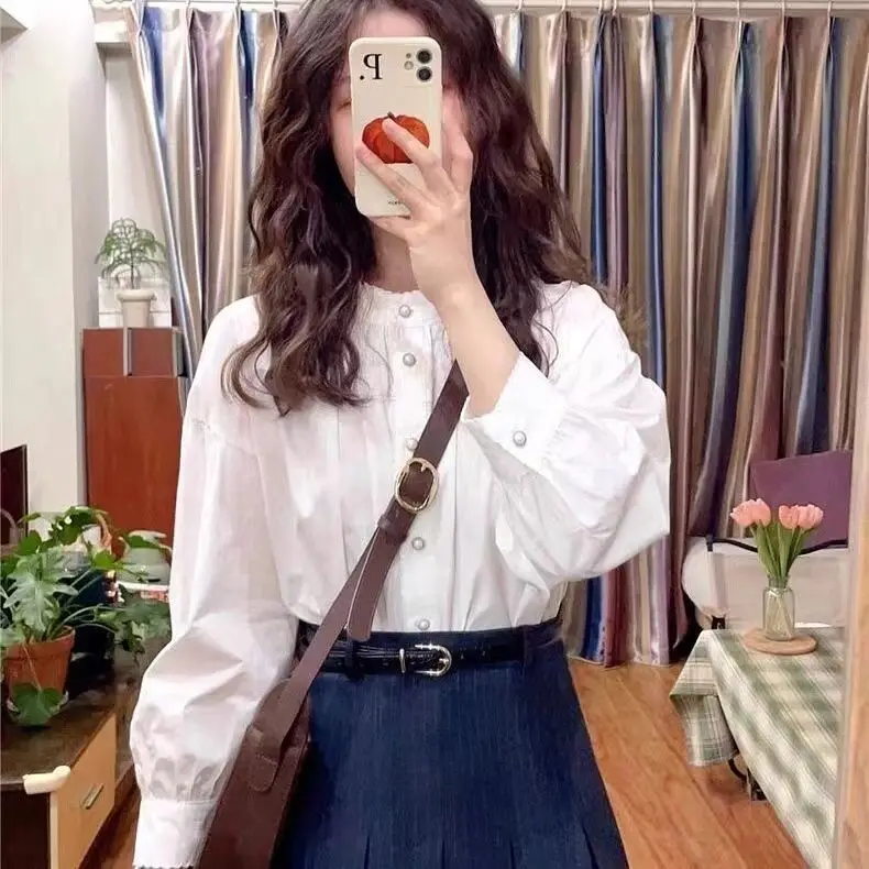 

Хлопковый белый топ, женский весенне-осенний новый стиль, рубашка с длинными рукавами, модная повседневная однобортная рубашка