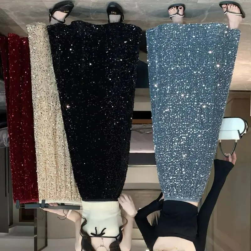 

Spring New Style Fashionable Versatile Casual Half Skirt Mid Long Wrapped Hip Dress Large Size Chubby Women Sequined Half Skirt