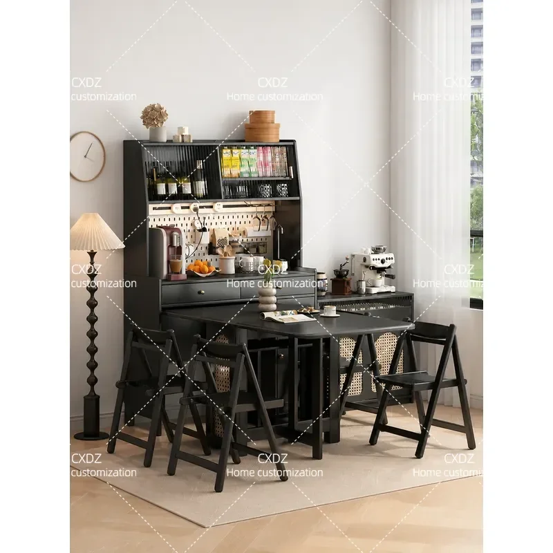 Retro Solid Wood Side Cabinet with Integrated Dining Table 1.2m Wall Mounted Living Room Storage High Cabinet with Hole Board