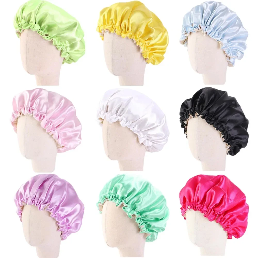 New Kids Satin Bonnet Cap Solid Color Turban Chemo Hat Girl's Wide Elastic Band Solid Night Sleep Beanies Skullies Chemo Cap Hat