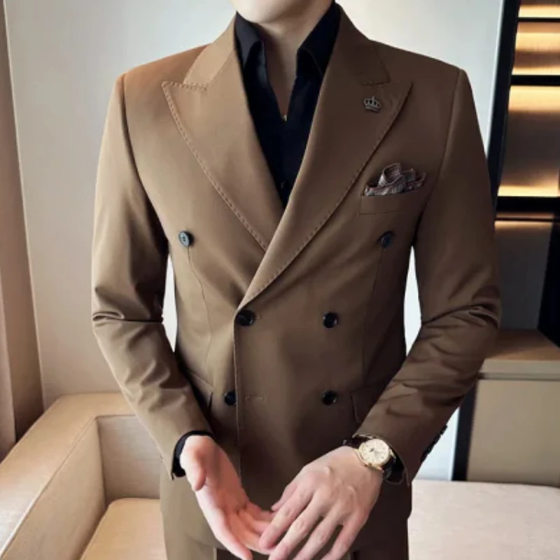 Korean Slim Fitt Double Breasted Blazer Jacket Men Clothing 2023 Autumn Casual Business Blazers Office Social Wedding Dress Coat