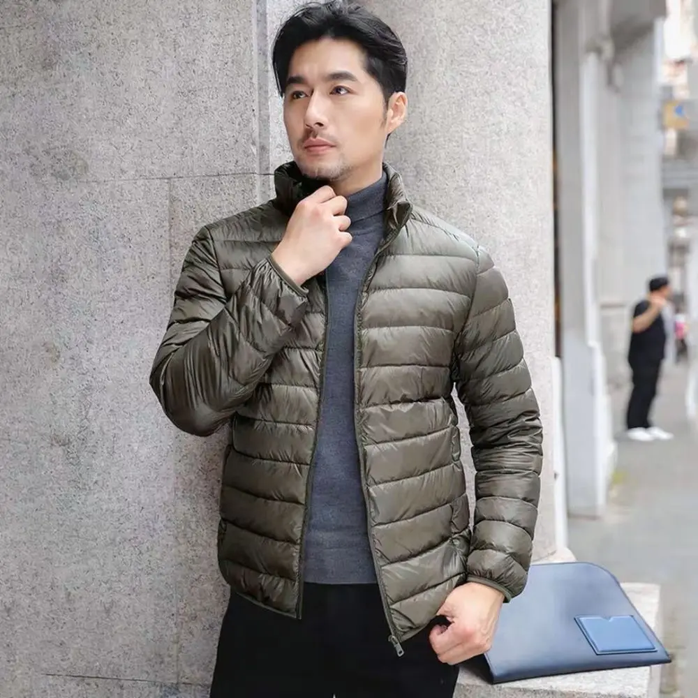 Mens Winter Casual Jacket Lightweight Cotton Padded Coat Business Style Hooded Stand Collar Solid Color Warm Outwear Top