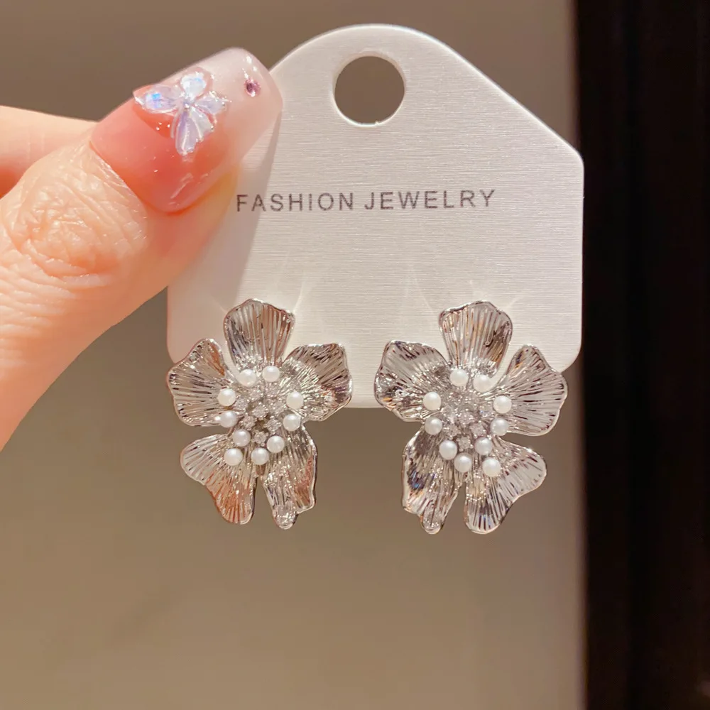 Vintage Niche Luxury 925 Silver Needle Zircon Pearl Exaggeration Flower Stud Earrings For Women Party Exquisite Jewelry