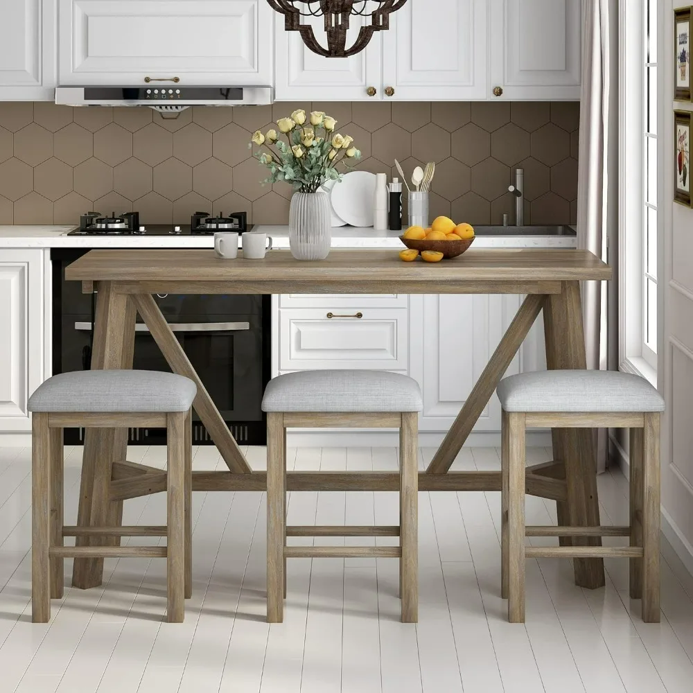 

Multipurpose Home Kitchen Bar, 3 Solid Upholstered Stools, Small Space Dining Table Set for Living Room, Natural Wood Wash