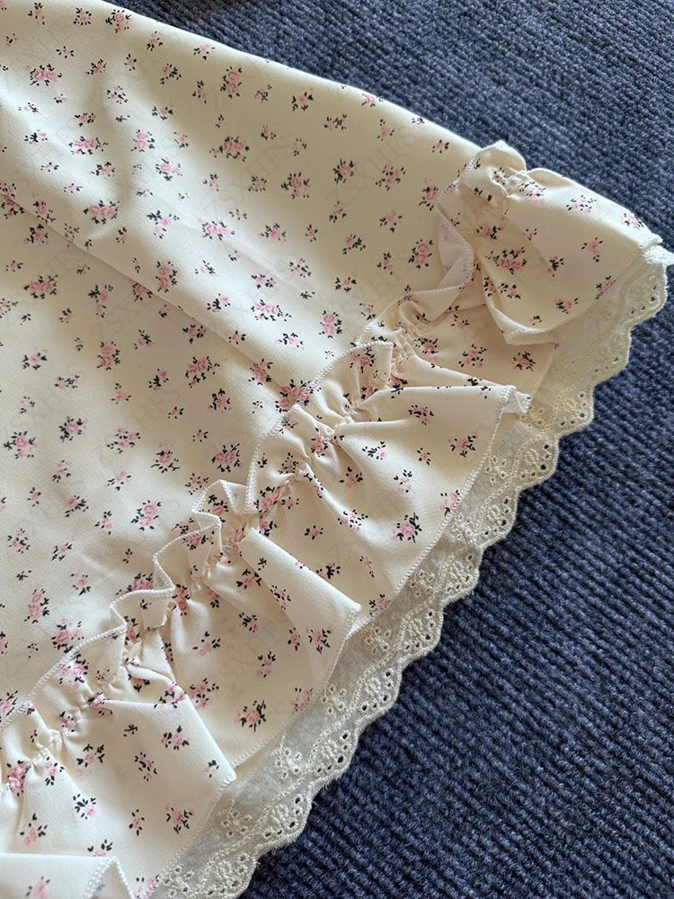 Abiti da donna in pizzo dolce anni 2000 Kawaii Girl Abbigliamento in pizzo Stampa floreale Gyaru Mini abito Harajuku Summer Femme Cute Short Derss
