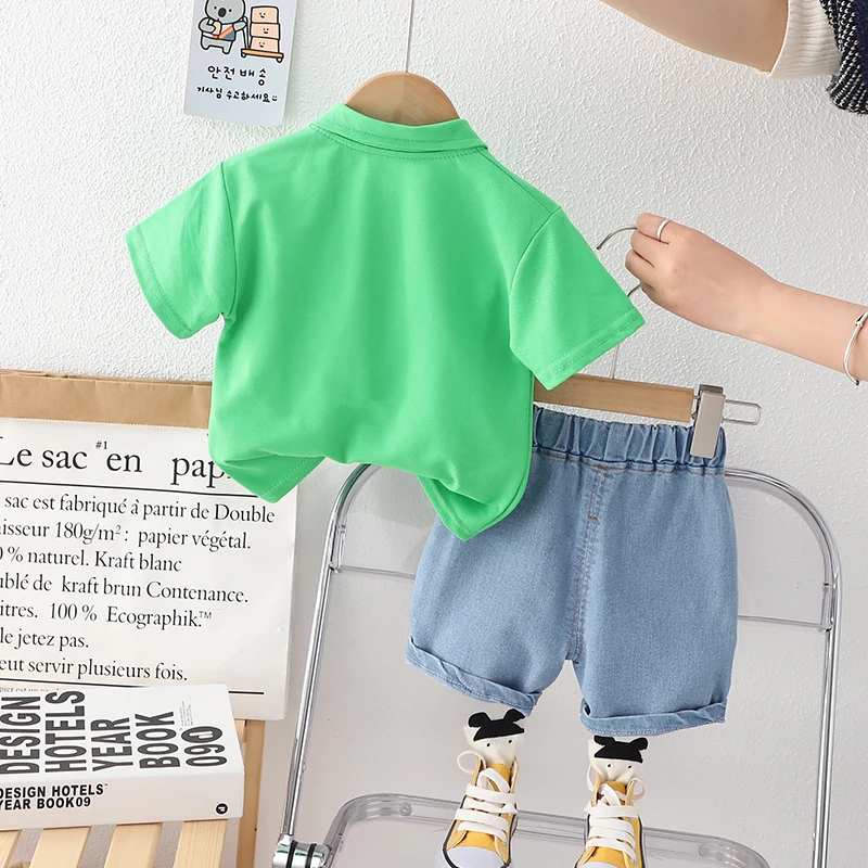 0-5 Year Old Baby Boy Summer Simple Clothes Set Children\'s Fashion Cartoon Robot Polo Shirt + Denim Shorts 2-Piece Suits