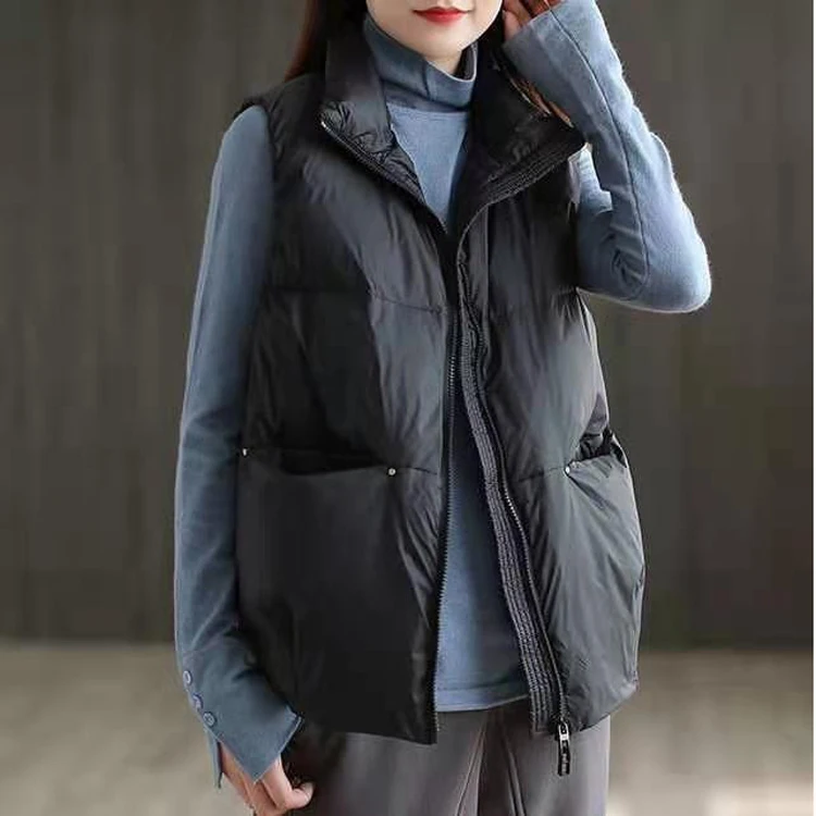 

Faionable Lightweight Loose Women's down Vest Autumn Winter White Du Feather Vest Korean Sle Zipper Closure Straight Cut