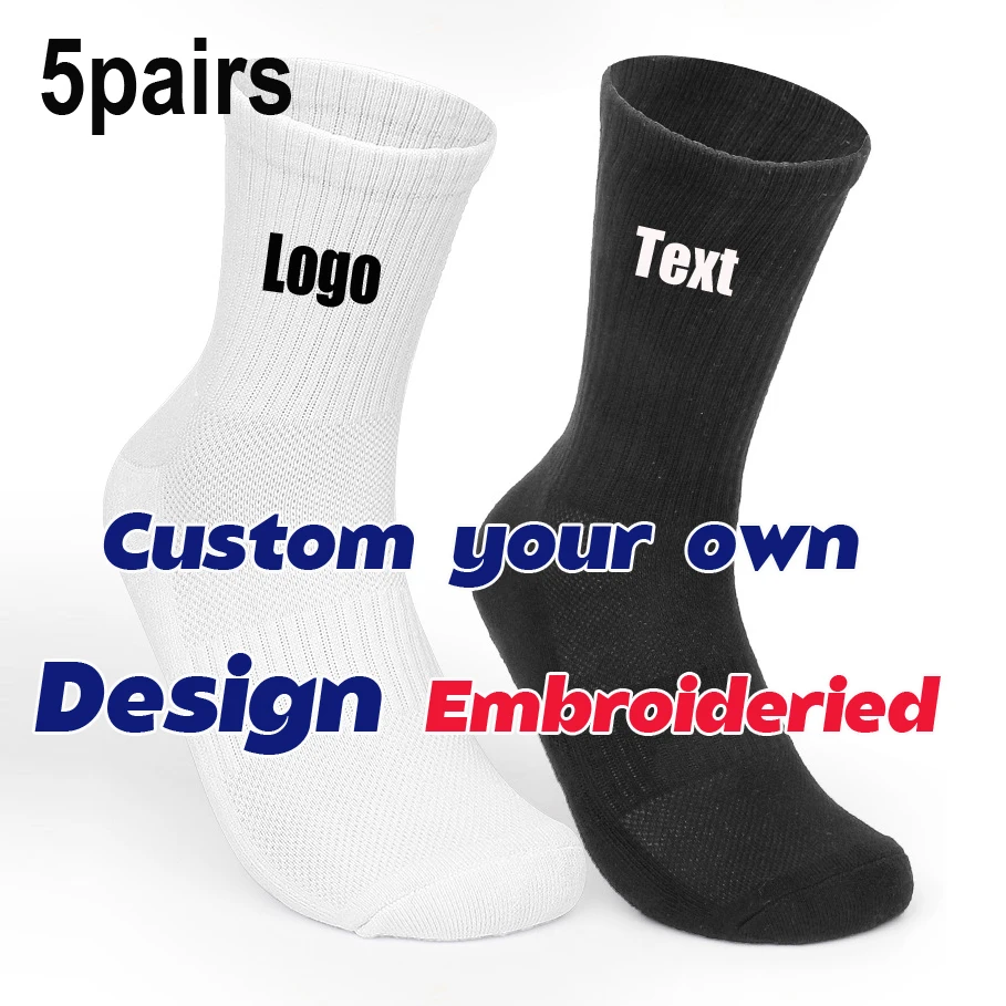 5 paires/pack personnalisé broderie logo chaussettes unisexe coton équipage Sport côtelé style athlètes chaussettes