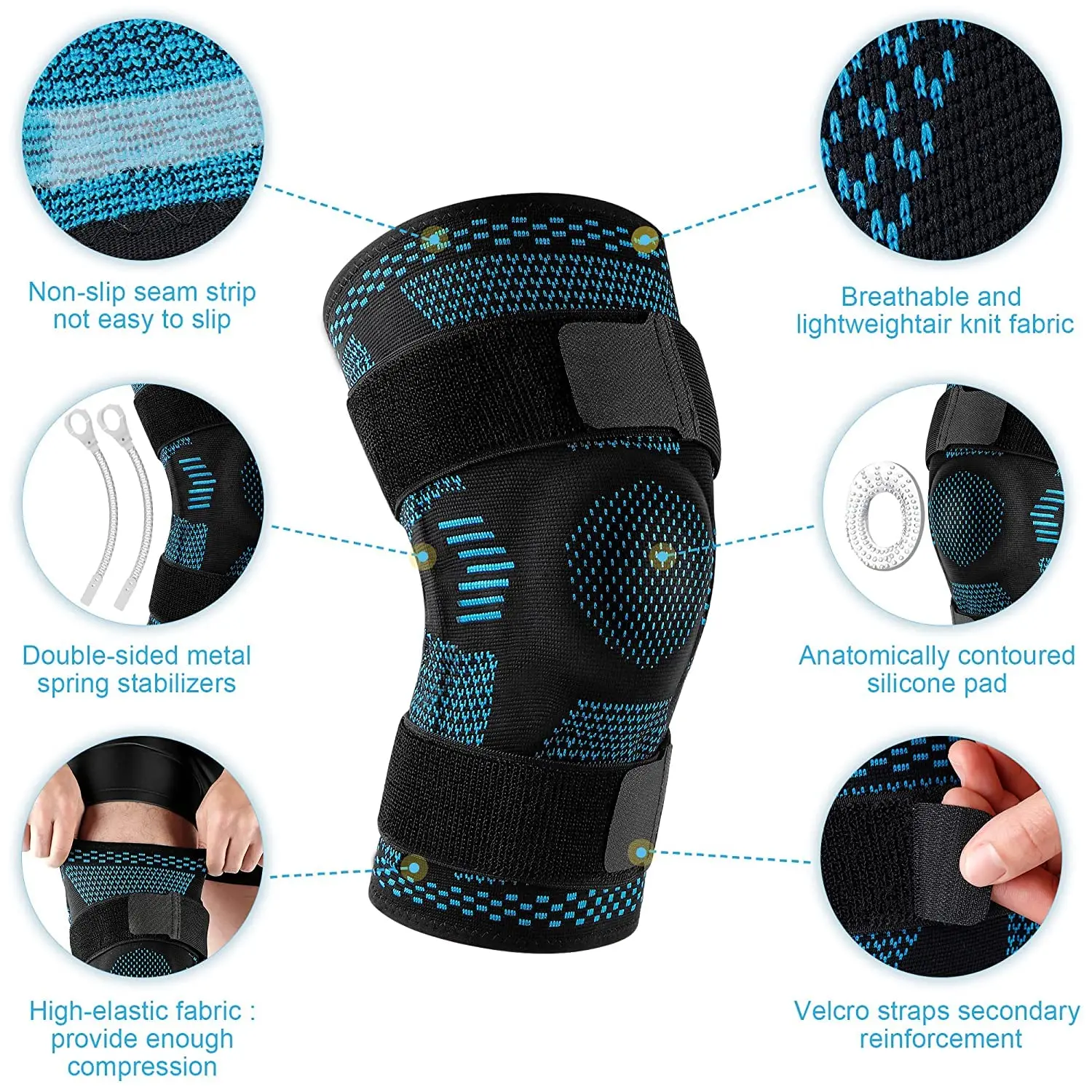 1 Stück Kniebandage, Kompressionsmanschette mit Seitenstabilisatoren und Patella-Gel für Knieschmerzen, Meniskusriss, ACL-Verletzungserkennung – Detail 4