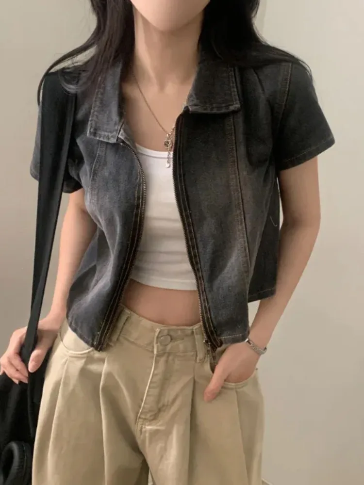 Double Zipper Denim irt Jaet Women's Summer New Vintage Design Loose Casual ort Top Commute Sle ort Sve