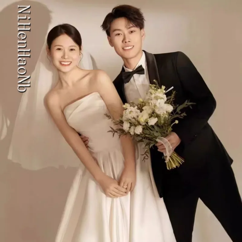 Vestido De Novia ligero francés, Top De tubo para novia, Vestido De Novia De satén Súper Hada, Vestido De Novia De bienvenida