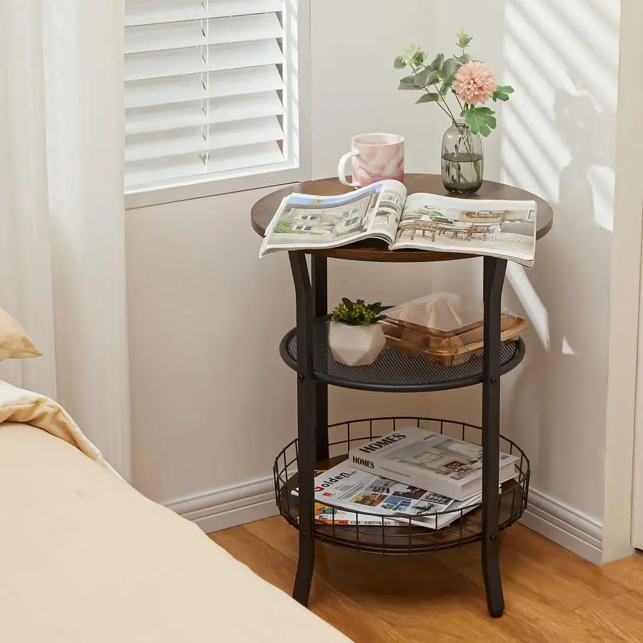 

Round Side Table, Industrial Retro End Table with Storage,Coffee Snack Table for Living Room, Bedroom,Kitchen,Office,Stable Wood