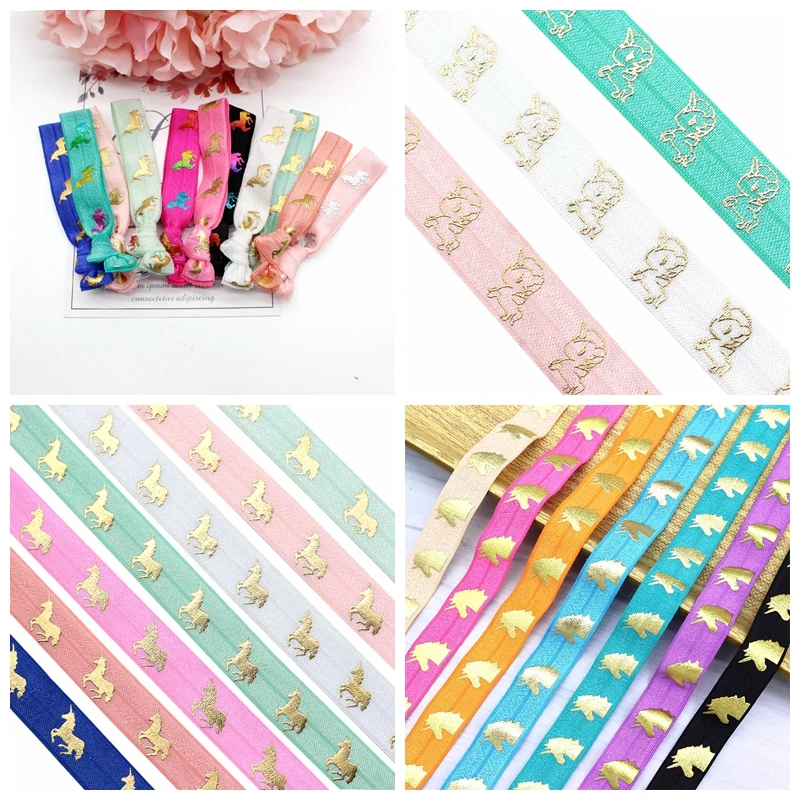 5/8" Gold Silver Rainbow foil Unicorn FOE Webbing fold over elastic Bands for Garment DIY hair ties Bracelet accessories