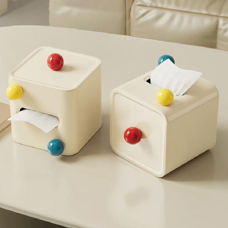 Cream Color Square Tissue Box Decoration Living Room Bathroom Napkin Box Plastic Color Ball with Lid Drawer Paper Roll Paper Box