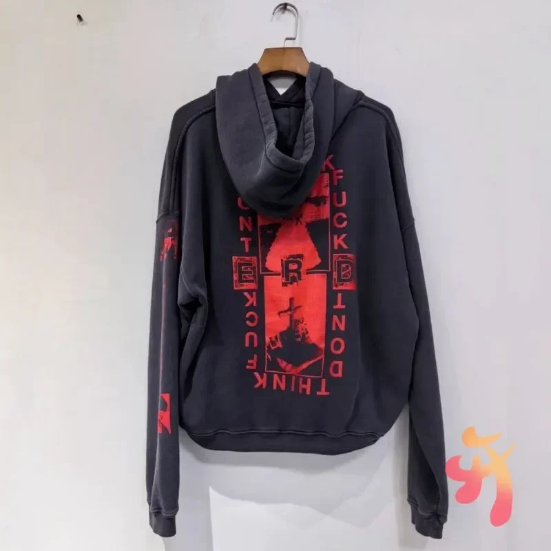 Vinatge Hiphop Street ERD Hoodies Red Abstract Printed Lock Hooded Sweatshirt Casual Loose Washed Black Cotton Hoodys Men Women