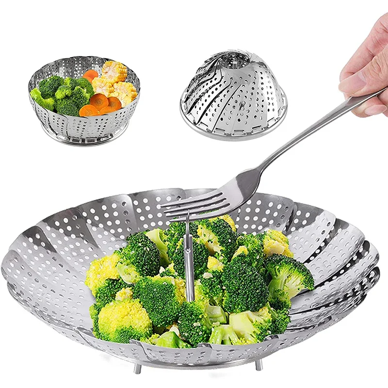 Inserção vegetal dobrável expansível do cesta do vapor de aço inoxidável para alimentos saudáveis da cozinha do vapor