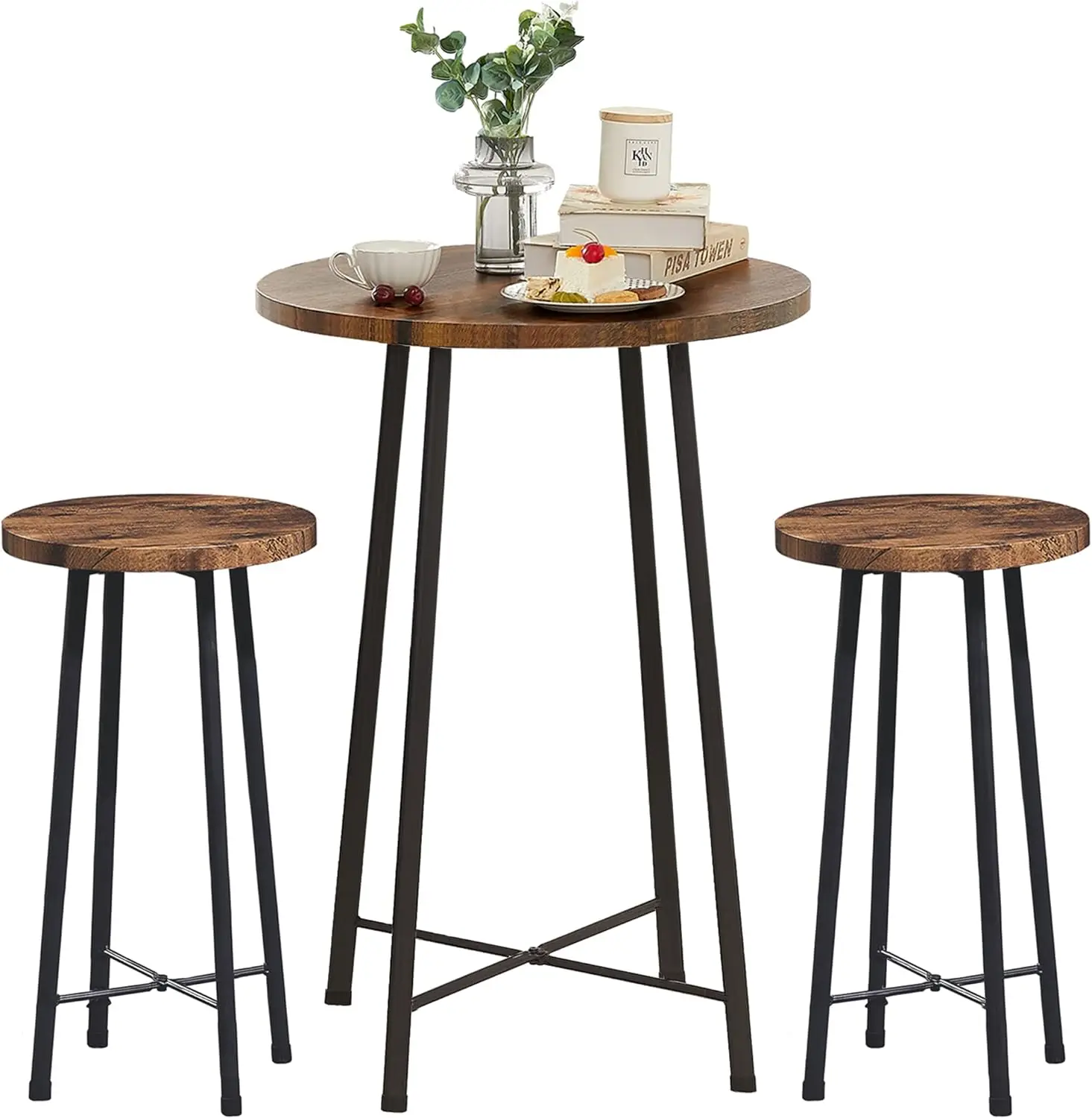 

VECELO Small Bar Table and Chairs, Round Bistro Sets with 2 barstools, 3-Piece Pub Dining Furniture, Counter Height Wood Top