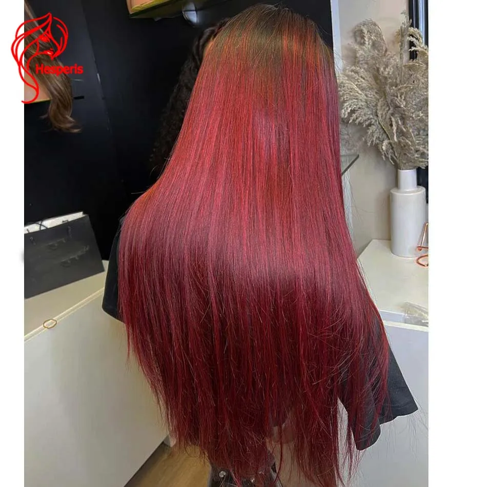 Hesperis 180 Density Silk Straight Ombre Human Hair Wigs Brazilian Remy Deep Part Lace Front Wig Dark Red For Black Women