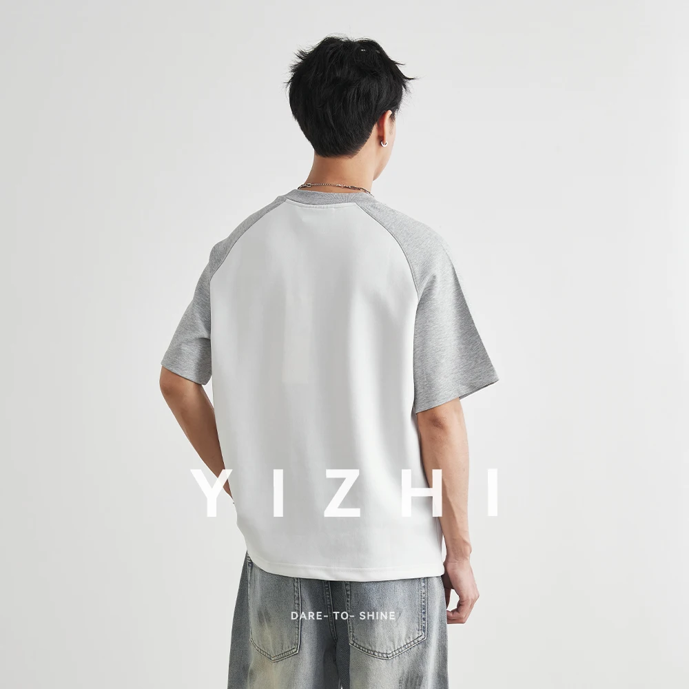 Men's Color Block Raglan Sleeve T-Shirt 2026 Summer Textured Loose Casual Versatile City Boy Style