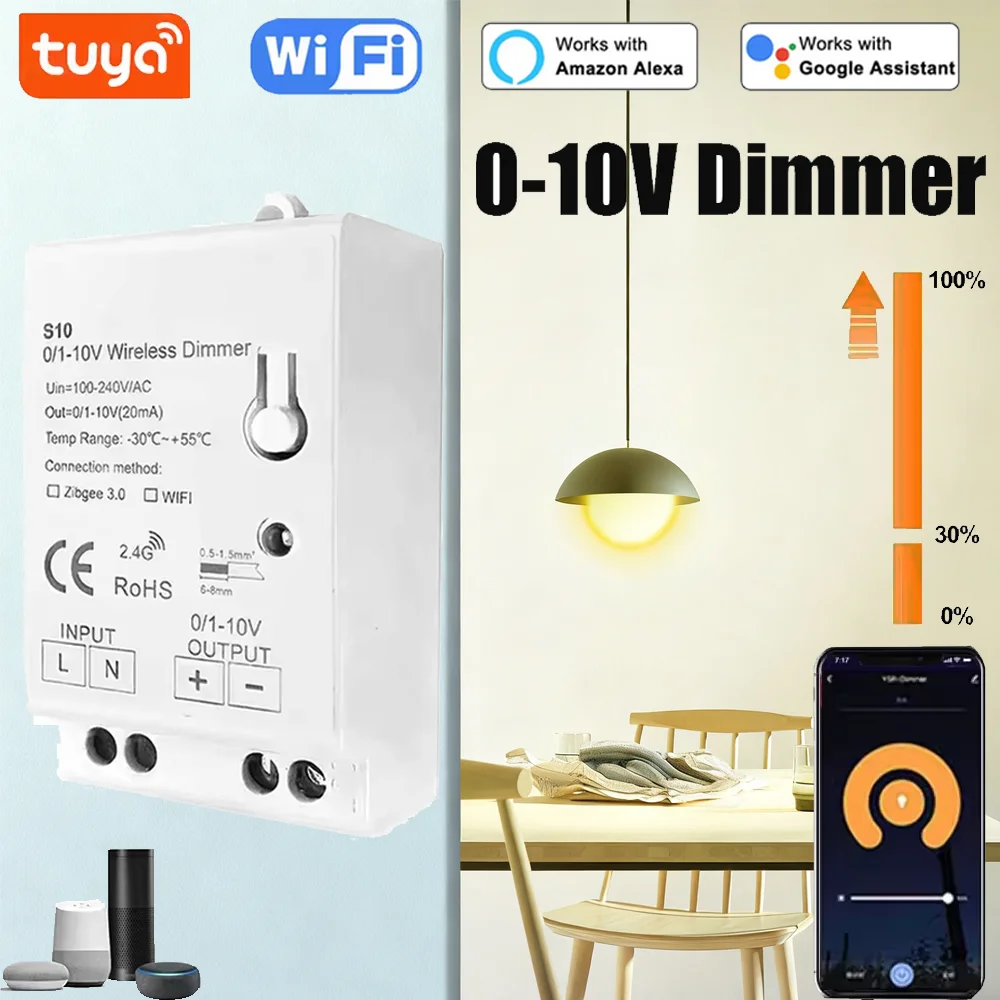 AC 100-240V Tuya WiFi Controller LED Lights Dimmer 0/1-10V Smart Home APP Wireless Control Voice Works with Alexa Google Home