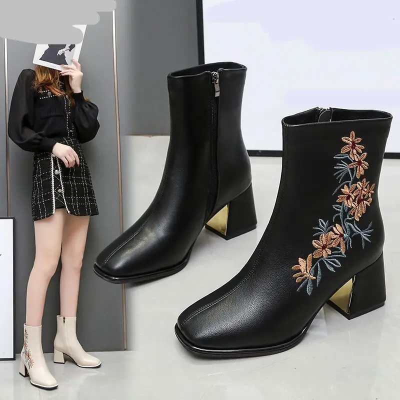 High-heeled Women's Boots Spring and Autumn Thickening Warm Fashion Rhinestone Embossing Sexy Short Boots Winter Printing Boots