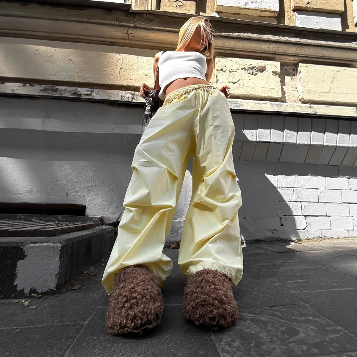 Cross Border Yellow Wide Leg Low Waist Drawstring Pants with Pleated Pure Cotton Workwear Pants Suitable for Daily Wear