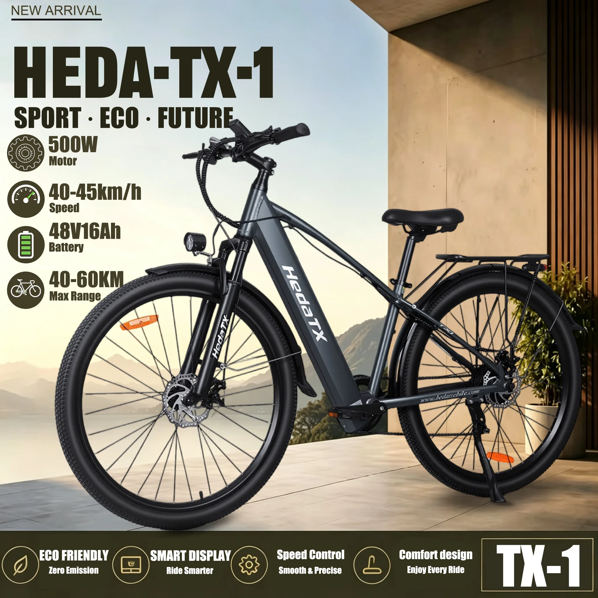 HEDA-TX-1, Bicicletta elettrica da montagna per adulti, 29 pollici, per fuoristrada, motore da 500 W, 40-45 km/h, 48 V 19,2 Ah, autonomia massima 100 km, 7 velocità, ammortizzatore, display LCD,