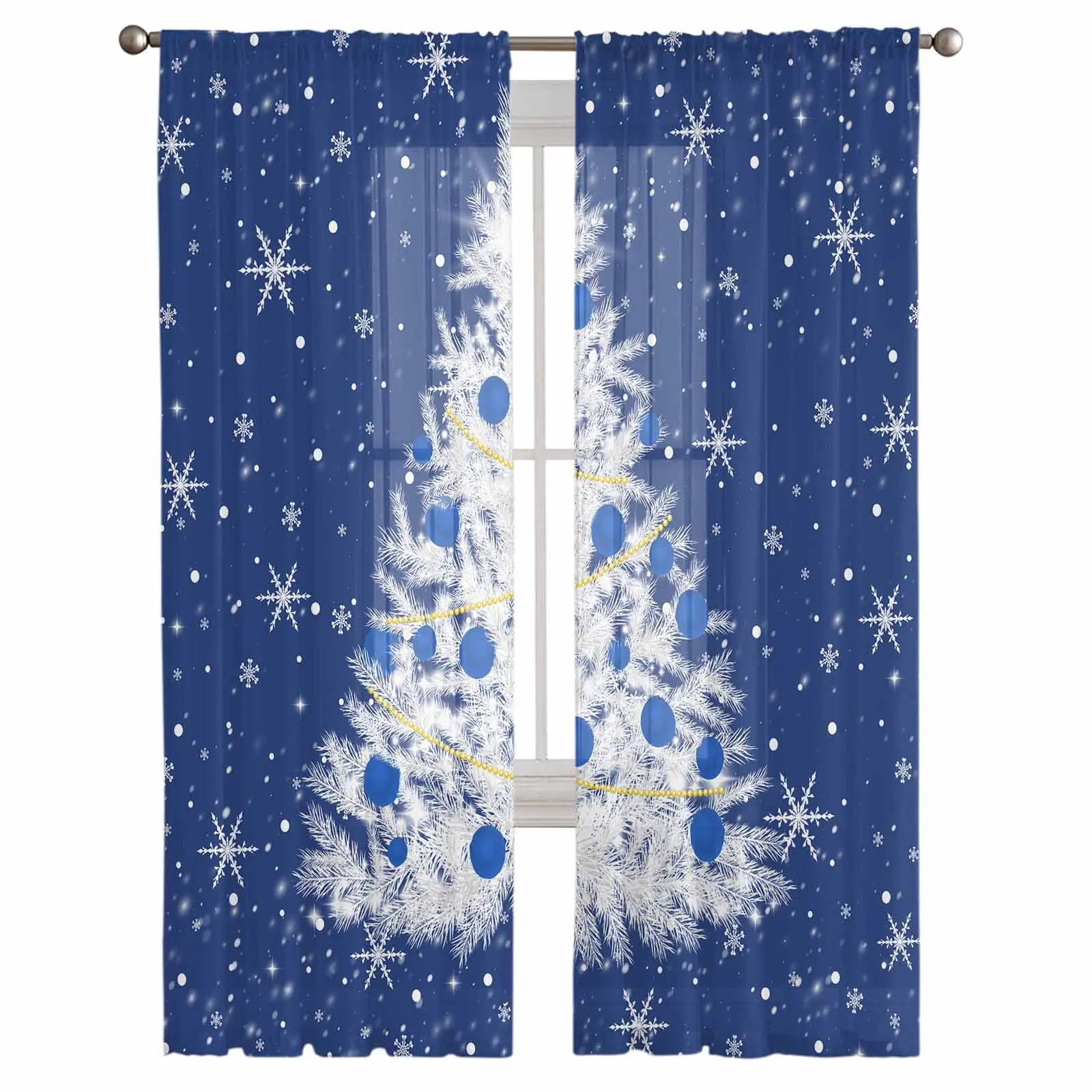 Christmas Winter Blue Trees Snowflakes Window Treatment Tulle Modern Sheer Curtains for Kitchen Living Room Curtains Decor