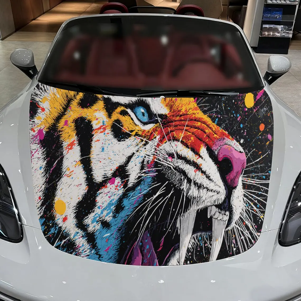 Envoltórios coloridos do capô do carro do pvc da cena urbana da dominância do tigre, adesivo impermeável autoadesivo da decalque do capô do carro, proteção da decoração do carro