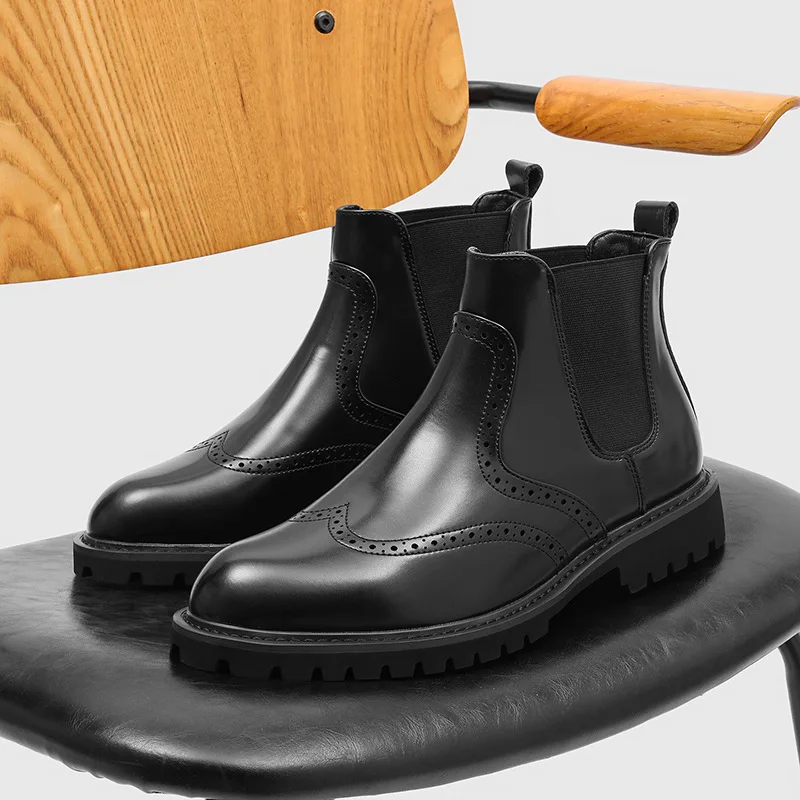 Platform Round Toe Mens Ankle Chelsea Boots Luxury Handmade Quality Comfortable Autumn British Style Brogues Social Shoes Man