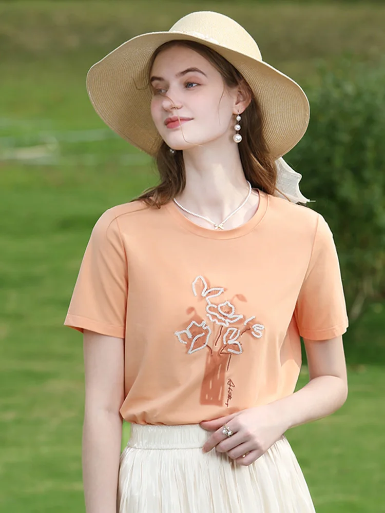 I BELIEVE YOU T-shirt Slim Tops For Women 2024 Summer New Embroidery Short-sleeve Fresh Elegant Basics O-Neck Tees 2242015695