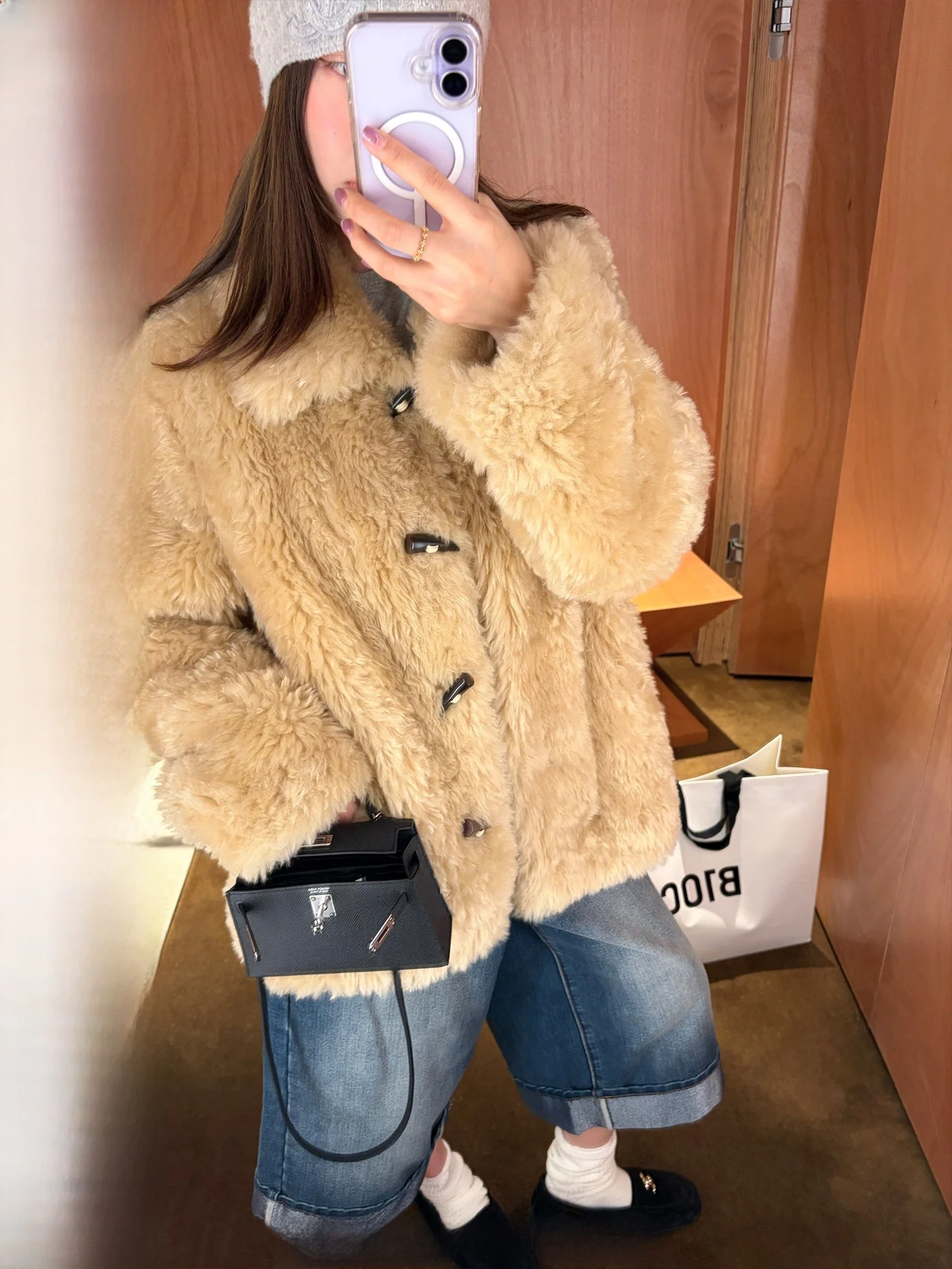 

Ranwear Soft Lamb Fur Collar Eco-Friendly Faux Fur Coat Women's Casual Loose Fit Long Sve Mid-Length Coat with oulder Bu...