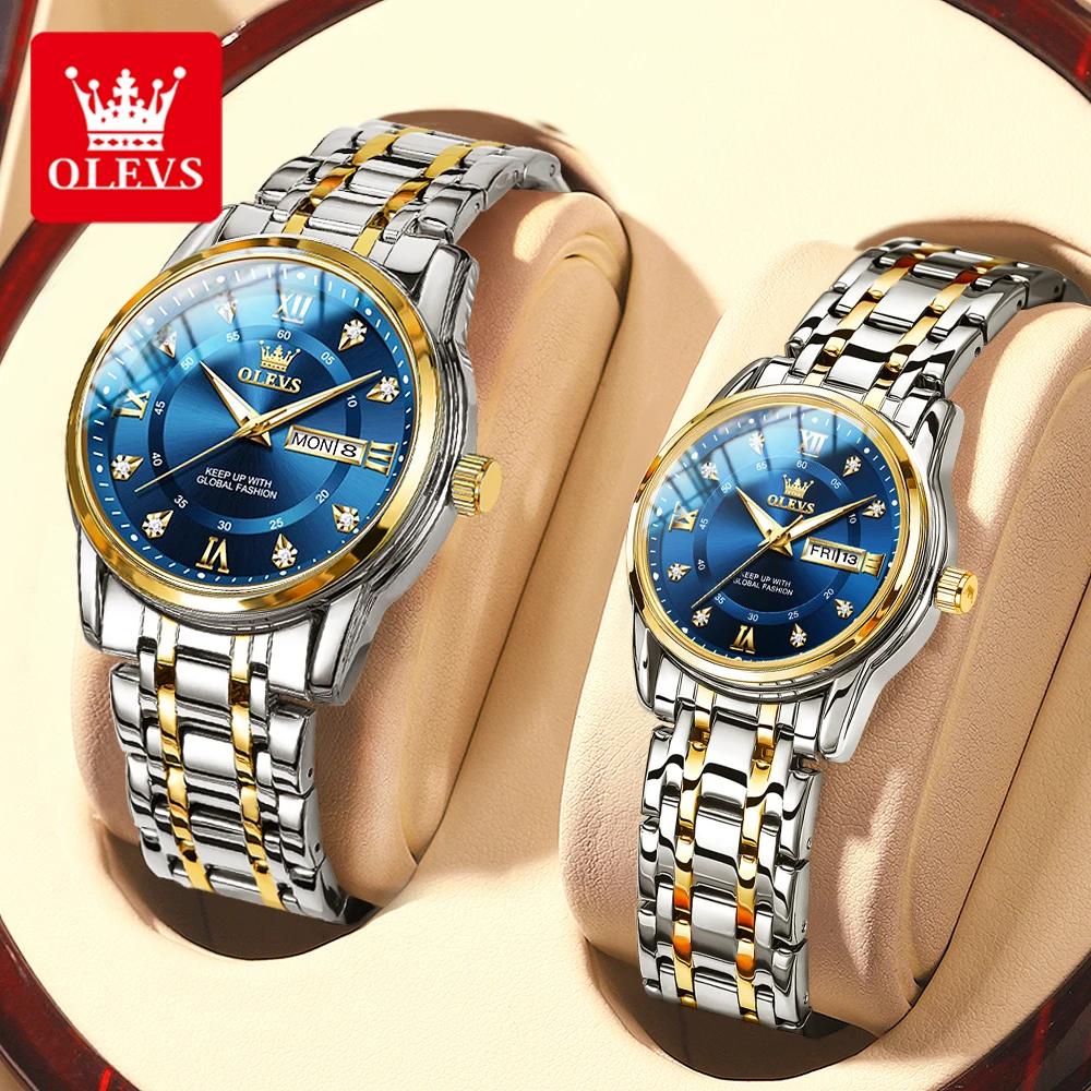 Olevs 5513 Fashion Couple Horloge Roestvrij Staal Waterdichte Dubbele Kalender Trendy Quartz Horloge Voor Mannen En Vrouwen Origineel Horloge