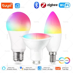 Bombilla Tuya E27 E14 GU10 WiFi/Zigbee/Bluetooth, lámparas LED de luz regulable 2700-6500K RGB, bombillas Led inteligentes lámpara de vela foco