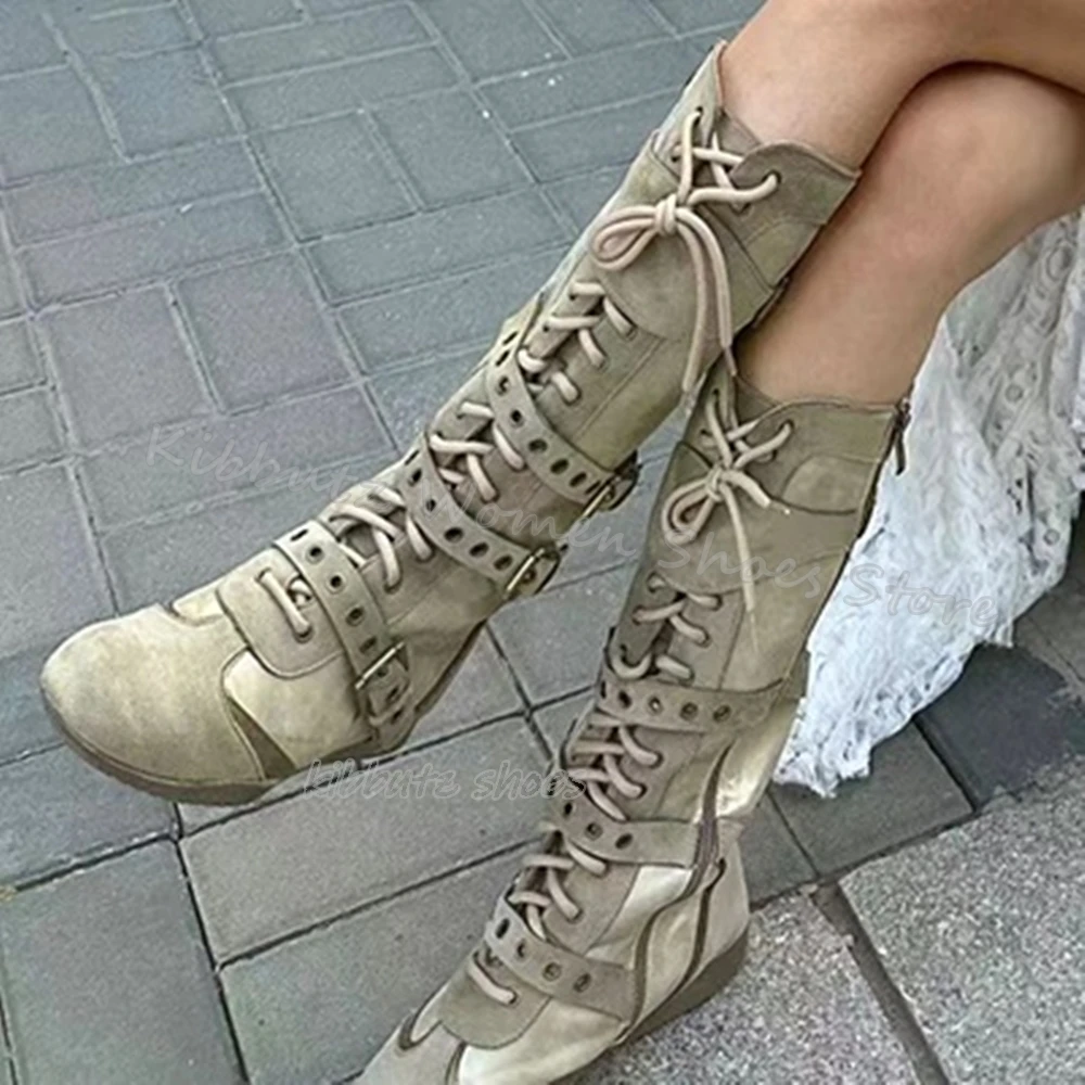 Suede Knee High Boot Lace-Up Rivets Belt Buckle Cowboy Fashion Sexy Concise Sexy Mixed Color Women Shoes Pointed Toe Flat With