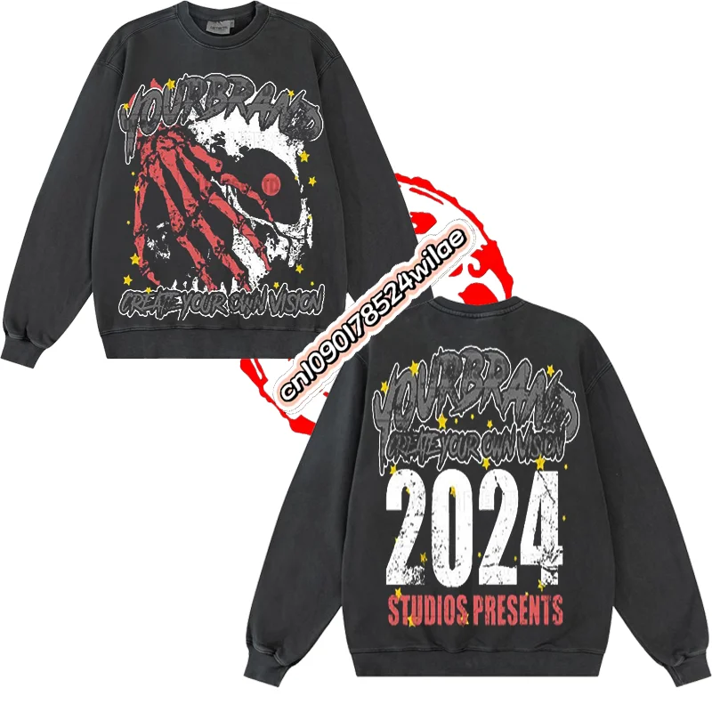 

European American Hip Hop Y2K Washed Pure Cotton Old Sports Sweater Men' Fashion Retro Oversized Women Jumper Crew Neck Sweater