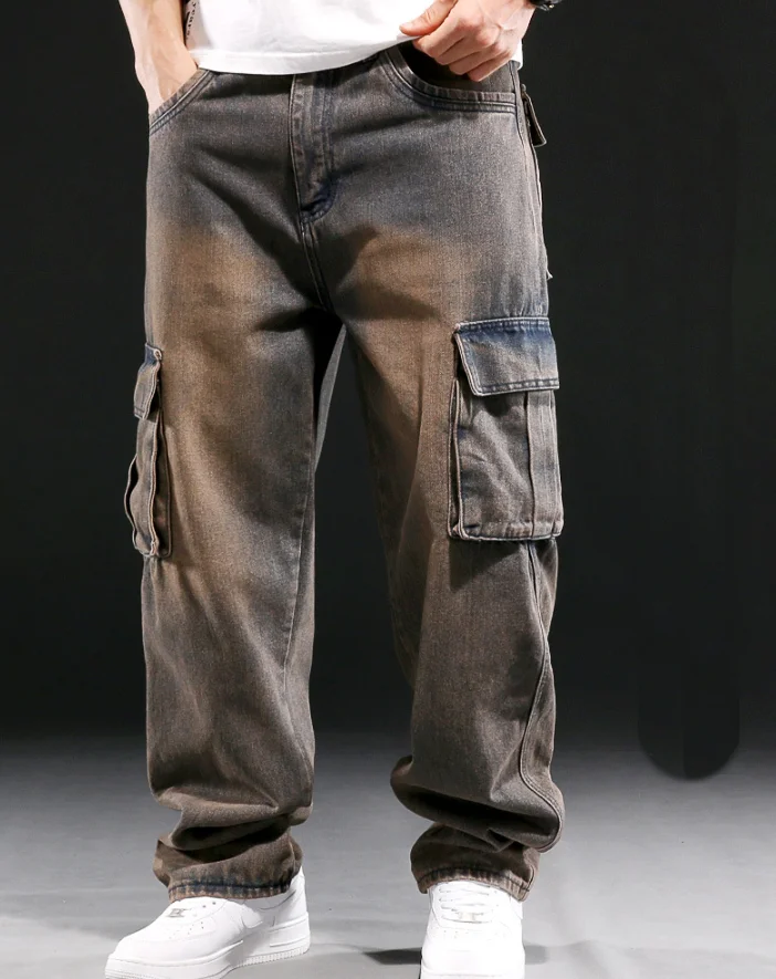 Jeans Pakaian Kerja Multi Saku Gaya Amerika, Celana Kaki Lebar Pria yang Dicuci, Jeans Kebesaran Longgar