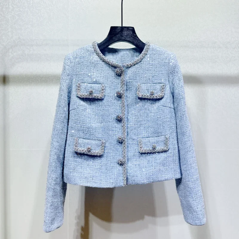 

High Quality Small Fragrance Blue Coat Women O Neck Beaded Luxurious Shiny Long-sleeved Office Sweet French Tweed Lady Jacket