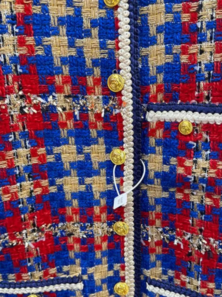 Wiosna 2025 Klasyczny Retro Kolorowy Luźny Wyszczuplający Casualowy Uniwersalny Kardigan w Kratę z Dzianiny Tweedowej Odzież Wierzchnia Damska