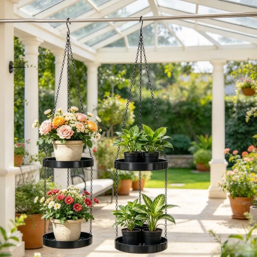 Hanging Double Layer Iron Plant Stand for Balcony Indoor Outdoor Vertical Flower Pot Rack Space Saving Metal Holder