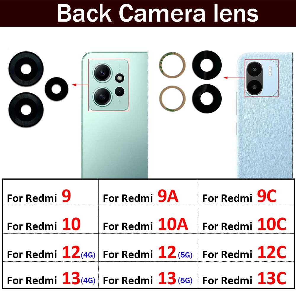 New Rear Back Camera Glass Lens For Xiaomi Redmi 8 8A 9 9A 9C 9T 10 10A 10C 12 12C 13 13C 4G 5G With Ahesive Sticker