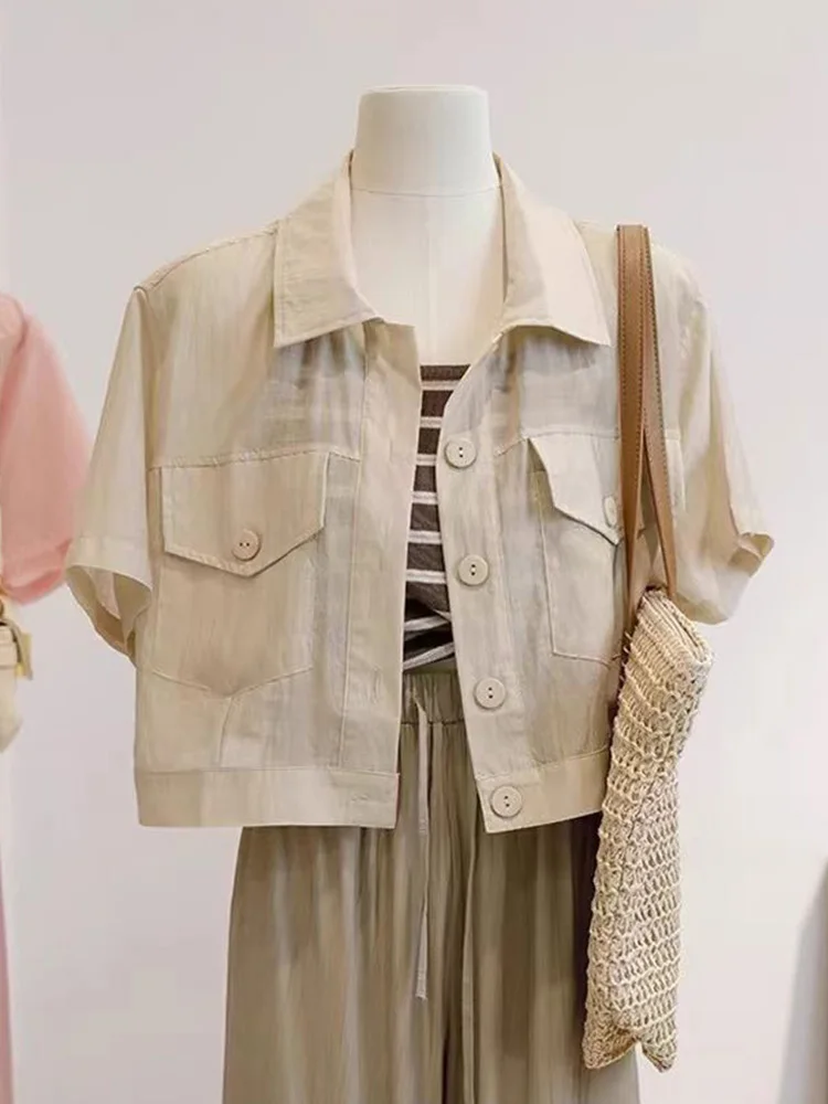 

Легкая дышащая повседневная рубашка с коротким рукавом и воротником, защищающая от солнца, утягивающая летняя верхняя одежда на одной пуговице, женский топ